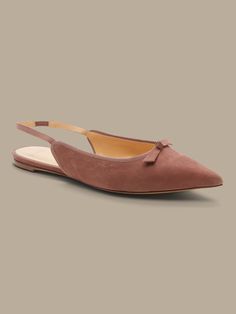 Adjustable Brown Slip-on Slingback Sandals, Brown Slingback Sandals With 4-inch Heel, Luxury Brown Slip-on Flats, Elegant Brown Pointed Toe Slip-on Flats, Brown Slingback Pumps With 4-inch Heel For Party, Slingback Flats, Alexandre Birman, Banana Republic, Ballet Flats