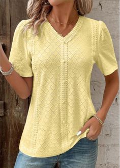 Color:Light Yellow;Size:S;Size:M;Size:L;Size:XL;Size:XXL;Package Contents:1 X T Shirt;Occasion:Other;Style:Casual; Casual Dresses Plus Size, Stylish Tops For Women, Patchwork Shorts, Trendy Swimsuits, Trendy Tops For Women, Yellow Short, Trendy Fashion Tops, Yellow Shorts, Beautiful Blouses