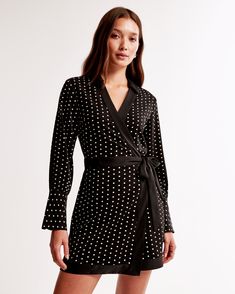 Elevate your wardrobe with the timeless elegance of the Abercrombie & Fitch Women's Long-Sleeve Wrap Mini Dress. Perfect for any occasion, this chic ensemble in a captivating Black Dot pattern ensures you stand out with style and grace.

- **Size**: XXS PETITE
- **Color**: Black Dot
- **Material**: Body: Polyester, Lining: Polyester
- **Gender**: Female
- **Design Features**: V-neckline with classic collar, crossover bodice, self-tie wrap skirt

Crafted from drapey synthetic fabric, this dress o Long Sleeve Wrap Dress For Date Night, Fitted Long Sleeve Wrap Dress For Date Night, Formal Fitted Long Sleeve Wrap Dress, Formal Long Sleeve Fitted Wrap Dress, Fall Date Night Wrap Dress With Long Sleeves, Fall Date Night Long Sleeve Wrap Dress, Long Sleeve Polka Dot Mini Dress For Spring, Fitted Mini Wrap Dress For Fall, Fitted Mini Length Wrap Dress For Fall