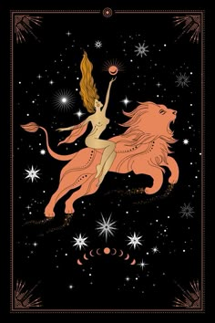 a woman riding on the back of a horse with stars in the sky behind her