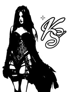 a black and white drawing of a woman with long hair wearing a corset