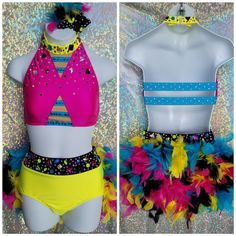 two pictures of a woman's swimsuit with colorful feathers on the bottom and side