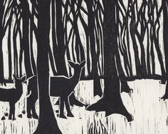 a black and white drawing of two deer in the woods