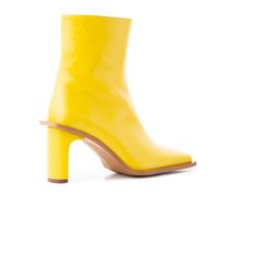 Detail(s): Square Toe 3'' Heel Medial Side Zip Closure Material(s): Leather Upper Leather Insole & Lining Made in Spain Color(s): Yellow Yellow Leather, Rubber Rain Boots, Side Zip, Leather Upper, Ankle Boot, Spain, Square, Boots, Heels