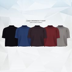 four different colored polo shirts on a white and blue background with the words logo crewcut t - shirt