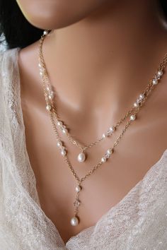 GOLD  BACKDROP  NECKLACE  Double Stranded Gold Chain Design with Pearl and Crystal Accents, Swarovsk Boho Bridal Necklace, Wedding Dress Add Ons, Bridal Backdrop, Baroque Necklace, Bridal Backdrop Necklace, قلادات متدلية, Rose Gold Chain Necklace, Backdrop Necklace, Necklace With Pearls