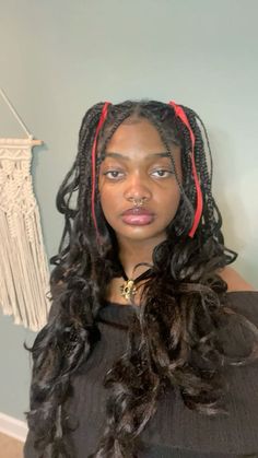 Ribbon Hairstyle Box Braids, Ribbon Hairstyle Braid, Red Ribbon Hairstyles, Hair Braid Ribbon, Clairo Concert, Red Hair Ribbon, French Curl Braids, Curl Braids, Game Protagonist