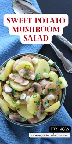 sweet potato mushroom salad in a bowl on a blue towel