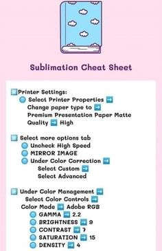 the instructions for sublimation sheet are shown in blue and pink, with white clouds