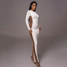 Features: Stay stylish and comfortable this autumn and winter with our Hollow Out Contrast Color Bodycon Maxi Dress for Women. With a new O neck design, long sleeves, and a sexy side split, you'll turn heads wherever you go. Made with high-quality materials, this dress is perfect for any occasion. Bodycon Maxi Dress, Long Sleeved Dress, Casual White Dress, Dress Occasion, Maxi Dress Sale, Event Outfit, Club Dress, Bodycon Maxi Dresses, Split Dress