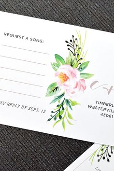 Let your guests request a song at your wedding reception on your RSVP card. Fun Watercolor, Wedding Invites, Invitation Suite, Getting To Know You, Custom Invitations, A Song, Watercolor Floral