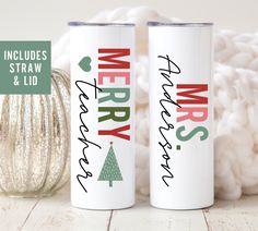 two personalized christmas tumbles sitting next to each other