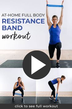 a woman doing resistance band workouts with the text at home full body resistance band workout