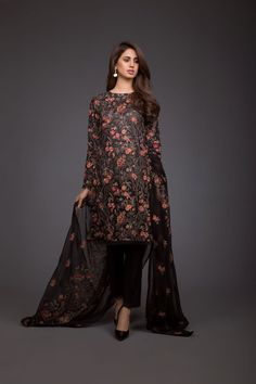 Bareeze Floral Chandelier Ch2958 Black Collection 2021 Black Long Sleeve Lawn Suit In Georgette, Black Long Sleeve Georgette Lawn Suit, Black Long Sleeve Georgette Dress, Elegant Black Georgette Lawn Suit, Elegant Formal Lawn Suit With Printed Motifs, Unstitched Evening Salwar Kameez For Eid, Unstitched Salwar Kameez For Evening Eid, Black Anarkali Lawn Suit For Party, Black Lawn Suit For Eid Party