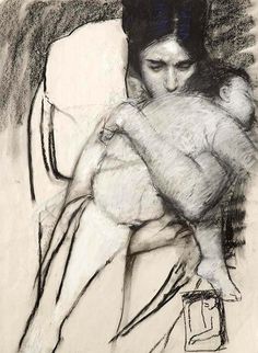 a black and white drawing of a woman holding a baby in her arms, with one arm wrapped around the other