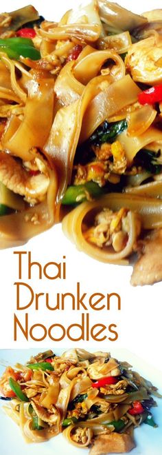 thai noodle salad with peanut sauce on top and the title reads, thai drunken noodles