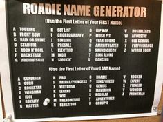 the roadie name generator is displayed on a black background with white letters and numbers