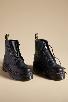 * Leather upper, insole* Rubber sole* Zipper styling* Imported Black Boots Doc Martens, Sinclair Dr Martens, Dr Martens Sinclair Boots, Doc Martens Aesthetic, Dr Martens Sinclair, Pretty Boots, Walking Gear, Trendy Womens Shoes, Doc Marten