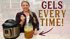 a woman holding a jar with liquid in it and the words gels every time