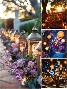 many lanterns are lit up on the ground and flowers in vases next to them