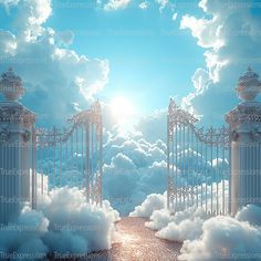 an open gate in the sky with clouds surrounding it and sun shining through them on a sunny day