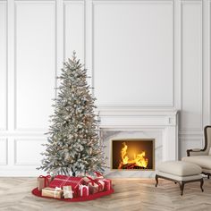 a living room with a christmas tree and presents