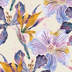 a watercolor painting of purple and yellow flowers