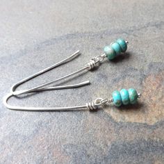 Turquoise Long Drop Earrings With Ear Wire, Everyday Nickel-free Turquoise Jewelry, Turquoise Long Drop Sterling Silver Earrings, Turquoise Sterling Silver Long Drop Earrings, Turquoise Dangle Jewelry For Everyday, Everyday Turquoise Dangle Jewelry, Minimalist Turquoise Wire Wrapped Earrings, Minimalist Turquoise Wire Wrapped Jewelry, Turquoise Sterling Silver Single Earring