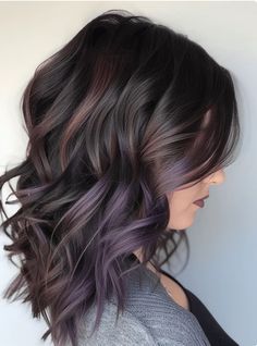 Mushroom Brown Hair Color With Purple, Purple And Brunette Hair, Plum Highlights In Brown Hair, Hair Color Spring 2024, Lavender Highlights Dark Hair, Brown Hair With Lavender Highlights, Purple Balayage Brunette, Halo Hair Color Ideas, Plum Balayage