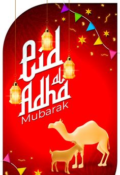 an eid al adha mubarak greeting card with camels and lanterns