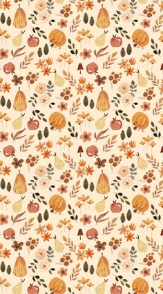 an orange and yellow floral pattern with leaves, flowers, and other things on it