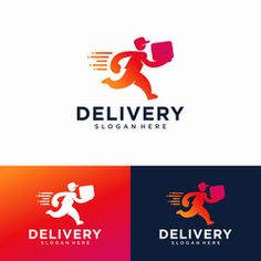 delivery logo design with running man carrying boxes and delivering it to the store or office