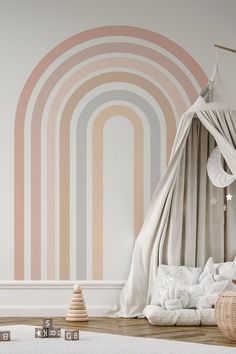 a child's bedroom decorated in pastel colors and striped wallpaper, with a canopy over the bed