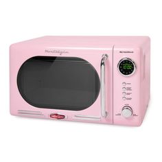 a pink microwave oven with the door open