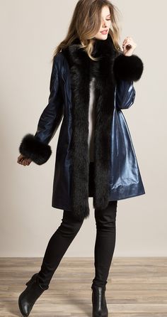 Lightweight coverage that dazzles, in Spanish lambskin leather lavished with Finland fox fur. Leather Coat With Fur, Faux Fur Outfit, Lambskin Coat, Outfits For Winter, Winter Outfits Aesthetic, Long Leather Coat, Fur Parka, Leather Trench, Winter Outfit Inspiration