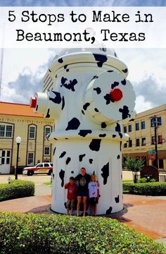 two girls standing in front of a fire hydrant with the words 5 stops to make in beaumont, texas