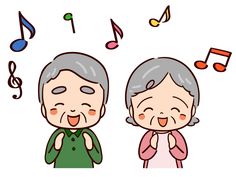 an elderly couple singing with musical notes above them