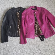 Show Off Your Inner Badass With This Nwt Pink Leather Jacket With Stylish Cheetah Print Lining. Zipper Pockets! Length 22" Sleeves 24.5" Shoulder 17" Pink Biker Jacket For Fall Workwear, Chic Pink Leather Jacket For Work, Chic Fitted Pink Biker Jacket, Chic Pink Fitted Biker Jacket, Pink Fitted Leather Jacket, Fitted Pink Leather Jacket, Fitted Pink Leather Outerwear, Fitted Pink Leather Jacket For Fall, Cropped Moto Jacket