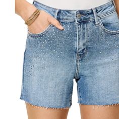 New With Tags Judy Blue Rhinestone Full Size High Waist Rhinestone Decor Denim Short High Waist Denim Shorts Are Adorned With Elegant Rhinestone Decorations, Adding A Touch Of Glamour To Your Outfit. The Unique Design Enhances Your Style And Makes A Statement. The High Waist Design Is Flattering And Accentuates Your Curves. Made From Quality Denim Material, These Shorts Are Comfortable And Durable. Perfect For A Night Out Or A Casual Day Look, These Shorts Are Versatile And Can Be Styled In Diff Casual Jeans With Rhinestone Fringe, Blue High Waist Rhinestone Jeans, High Waist Blue Jeans With Rhinestones, Blue High Waist Jeans With Rhinestones, High-waist Blue Jeans With Rhinestones, Blue High-waist Jeans With Rhinestones, Rhinestone Denim Jean Shorts, Casual Medium Wash Rhinestones Bottoms, Denim Blue Embellished Bottoms