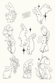 some drawings of rabbits and flowers on a white background