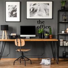 a home office with grey walls and wooden flooring is featured in the berger small spaces catalog