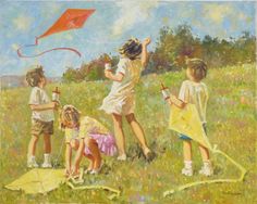 a painting of children playing with a kite in a field, one girl is flying a kite