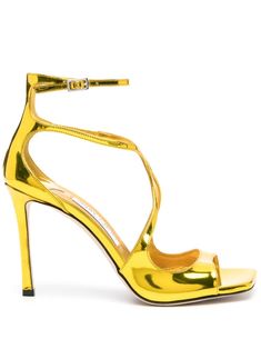 yellow leather high-shine detailing square open toe cut-out detailing branded leather insole 95mm high heel buckle-fastening ankle strap Designer Yellow Sandals With Ankle Strap, Luxury Yellow Sandals With Heel Strap, Modern Yellow Sandals For Party, Modern Yellow Party Sandals, Yellow Sandals With Single Toe Strap For Evening, Luxury Yellow Heels With Ankle Strap, Luxury Yellow Heels With Heel Strap, Yellow Open Heel Formal Sandals, Yellow Formal Open Heel Sandals