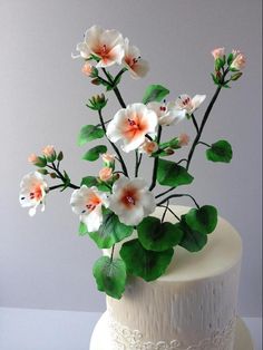 a white cake with flowers and leaves on top