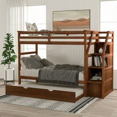 the bunk bed is made up and ready for someone to use it in their home