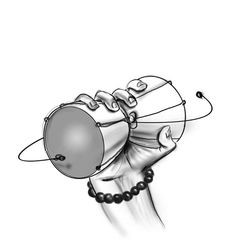 a drawing of a hand holding a silver object with pearls on it's wrist