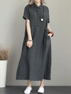 Uoozee Casual Short Sleeve Maxi Dress For Fall, Casual Khaki Dresses With Pockets, Casual Solid Maxi Dress For Work, Khaki Short Sleeve Dress With Relaxed Fit, Khaki Short Sleeve Relaxed Fit Dress, Khaki Relaxed Fit Short Sleeve Dress, Casual Khaki Midi Dress For Daywear, Casual Khaki Midi Length Dress, Casual Olive Cotton Dress