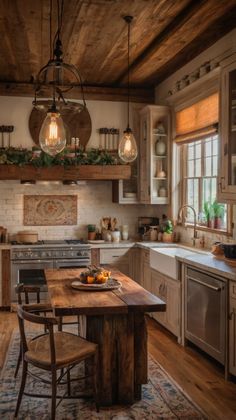 a kitchen with an island, sink and stove top oven next to a dining room table