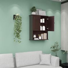 a living room with a white couch and green wall behind the sofa is a wooden cabinet