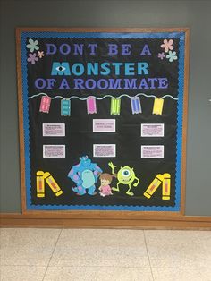 a bulletin board that says don't be a monster of a roommate